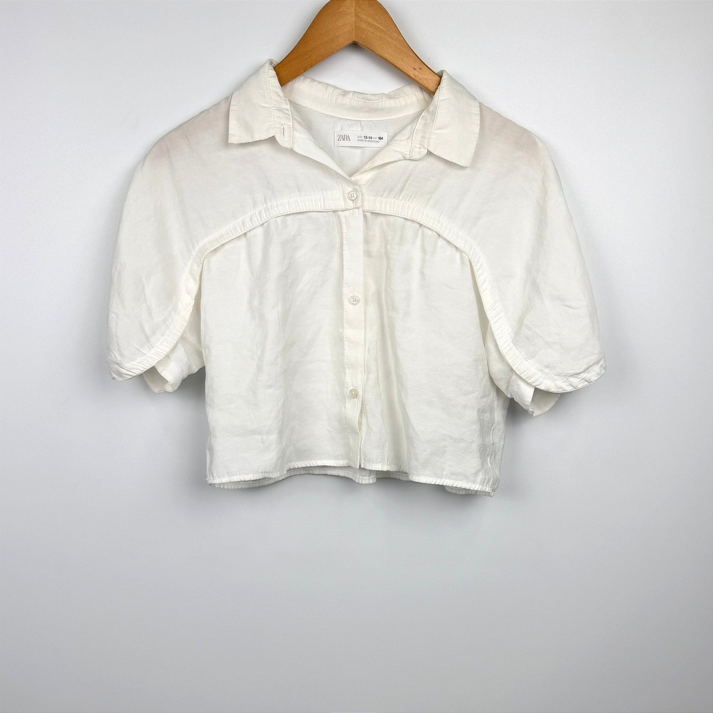 Zara Button Down Shirt Girls 13-14 White Short Sleeve Cropped Blouse